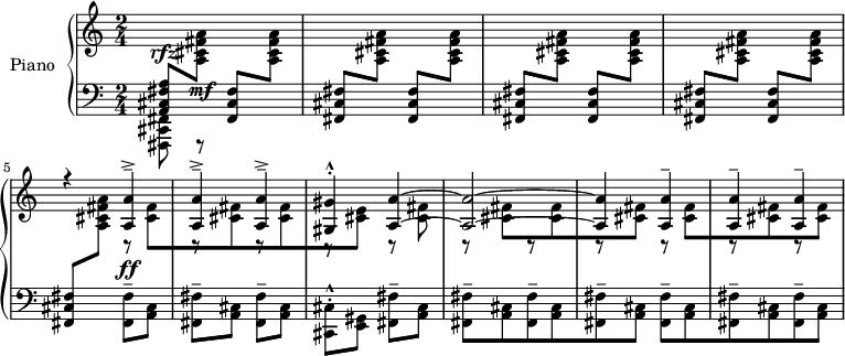 
\version "2.18.2"
\header {
 tagline = ##f
}
upper = \relative c' {
 \clef treble 
 \key c \major
 \time 2/4
 \tempo 4 = 96
 \tempo "Allegro"

 \change Staff = "lower" \stemUp < a, cis fis a >8^\rfz \change Staff = "upper" \stemDown < a' cis fis a >8\mf
 \change Staff = "lower" \stemUp < fis, cis' fis >8 \change Staff = "upper" \stemDown < a' cis fis a >8
 \repeat unfold 3 { \repeat unfold 2 { \change Staff = "lower" \stemUp < fis, cis' fis >8 \change Staff = "upper" \stemDown < a' cis fis a >8 }}
 
 << { r4 \repeat unfold 3 { < a a' >4---> } < gis gis' >4-^-. < a a' >4~ < a a' >2~ < a a' >4 \repeat unfold 3 { < a a' >4-- } } \\ { \change Staff = "lower" \stemUp < fis, cis' fis >8 \change Staff = "upper" \stemDown < a' cis fis a >8 r8 < cis fis >[ r8 < cis fis > r8 < cis fis > r8 < cis e >] r8 < cis fis >8 \repeat unfold 2 { r8 < cis fis >8[ r8 < cis fis >8 r8 < cis fis >8] } } >>


}

lower = \relative c {
 \clef bass
 \key c \major
 \time 2/4
 
 \stemDown < fis,, cis' fis >8 fis8\rest s4*8 < fis' fis' >8--^\ff < a cis >8 \repeat unfold 2 { < fis fis' >8-- < a cis > }
 < cis, cis' >8-^-. < e gis > < fis fis' >-- < a cis > 
 \repeat unfold 2 { < fis fis' >8--[ < a cis > < fis fis' >8-- < a cis > < fis fis' >8-- < a cis >] }
 
}

\score {
 \new PianoStaff <<
 \set PianoStaff.instrumentName = #"Piano"
 \new Staff = "upper" \upper
 \new Staff = "lower" \lower
 >>
 \layout {
 \context {
 \Score
 \remove "Metronome_mark_engraver"
 }
 }
 \midi { }
}
