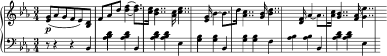 
 \relative c' {
 \new PianoStaff <<
 \new Staff { \key c \minor \time 3/4
 \tempo \markup {
 \column {
 }
 }
 <ees g>8( aes g f ees) | <bes d> f' aes d <d f>4~ <d f>8.[ <c ees>16] <bes d>4.. <aes c>16 <c ees>4.. <ees, g>16 bes'4~ bes8.[ d16] <aes c>4.. <g bes>16 <bes d>4.. <d, f>16 aes'4~ aes8.[ <aes c>16] <g bes>4.. <f aes>16 <g ees'>4..
 }
 \new Dynamics {
 s\p
 }
 \new Staff { \key c \minor \time 3/4 \clef bass
 r8 r4 r bes,, <aes' bes d> <aes bes d> bes, <aes' bes d> <aes bes d> ees <g bes> <g bes> bes, <g' bes> <g bes> f <aes bes> <aes bes> bes, <aes' bes d> <aes bes d> ees
 }
 >>
 }
