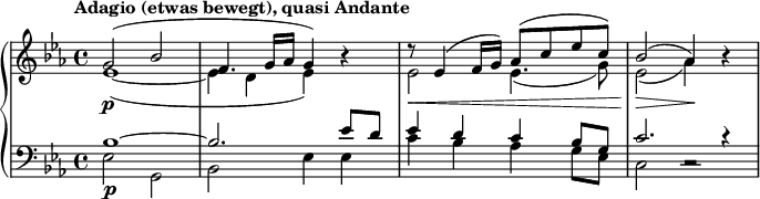 
\ relative c '' {\ new PianoStaff << \ new Staff << \ new Voice {\ set Score.tempoHideNote = ## t \ tempo "Adagio (etwas bewegt), quase Andante" 4 = 45} {\ clef "agudos "\ key es \ major \ stemUp \ set Staff.midiInstrument = #" conjunto de strings 1 "\ time 4/4 |  % 1 g2 \ p ^ (bes2 | f4. G16 as16 g4) s4 |  r8 \ <es4 ^ (f16 g16) as8 ^ (c8 es8 c8) |  bes2 \!  \> ^ (as4 \!) s4 |  } {\ clef "treble" \ key es \ major \ stemDown \ time 4/4 |  es1 _ (_ ~ | es4 d4 es4) r4 |  es2 \!  es4.  _ (g8) |  es2 \!  _ (as4) r4 |  } >> \ new Staff << \ new Voice {\ set Staff.midiInstrument = # "string ensemble 1" {\ clef "baixo" \ key es \ major \ stemUp \ time 4/4 bes, 1 \ p ^ ~ |  bes2.  es8 d8 |  es4 d4 c4 bes8 g8 |  c2.  c4 \ rest |  }} \ new Voice {\ clef "baixo" \ key es \ major \ stemDown \ time 4/4 es, 2 g, 2 |  bes2 es4 es4 |  c'4 bes4 as4 g8 es8 |  c2 c2 \ rest |  } >> >>}
