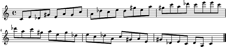 
{

\modalTranspose c c' { c des e gis a } { c8 e } 
\modalTranspose c des' { c des e gis a } { c e } 
\modalTranspose c e' { c des e gis a } { c e } 
\modalTranspose c gis' { c des e gis a } { c e } 
\modalTranspose c a' { c des e gis a } { c e } 
\modalTranspose c c'' { c des e gis a } { c e } 
\modalTranspose c des'' { c des e gis a } { c e } 
\modalTranspose c e'' { c des e gis a } { c e } 
\modalTranspose c gis'' { c des e gis a } { c e } 
\modalTranspose c a'' { c des e gis a } { c e } 
\modalTranspose c c''' { c des e gis a } { c e } 

\modalInversion c e''' { c des e gis a } { c e } 
\modalInversion c des''' { c des e gis a } { c e } 
\modalInversion c c''' { c des e gis a } { c e } 
\modalInversion c a'' { c des e gis a } { c e } 
\modalInversion c gis'' { c des e gis a } { c e } 
\modalInversion c e'' { c des e gis a } { c e } 
\modalInversion c des'' { c des e gis a } { c e } 
\modalInversion c c'' { c des e gis a } { c e } 
\modalInversion c a' { c des e gis a } { c e } 
\modalInversion c gis' { c des e gis a } { c e } 
\modalInversion c e' { c des e gis a } { c e } 
\modalInversion c des' { c des e gis a } { c e } 

c'4

\bar "|."
}
