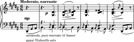 
\relative c' {
 \new PianoStaff <<
  \new Staff { \key gis \minor \time 6/8 \set Score.tempoHideNote = ##t
   \tempo "Moderato, narrante" 4.=72 \partial 4.
   r4. r4.*2/3 s8\p <dis gis,>4.^- <e dis_~ gis,~>^- ^( <eis dis gis,>4) r8
   <fis dis gis,>4.^- <fisis dis cis>^- <gis dis b>^-( ^\( \slashedGrace b8 <ais cis,>4\) ) r8
  }
  \new Dynamics {
   s4.\mp s s s\> s\! s s s\> s\!
  }
  \new Staff { \key gis \minor \time 6/8 \clef bass
   <<
    { s4. r dis,, dis2. dis4. dis dis s }
   \\
    {
     \stemUp dis,8_\markup {
      \column {
       \line \fontsize #-1 { \italic { cantando, poco marcato (il basso) } }
       \line \fontsize #-1 { \italic { quasi Violocello solo } }
      }
     } ( gis ais \stemDown b4.) \once \stemUp \slashedGrace b8--~ b4.
     \once \stemUp \slashedGrace b8--~ b4.~ b4 b8
     \once \stemUp \slashedGrace b8--~ b4( ais8)
     \once \stemUp \slashedGrace ais8--~ ais4( gis8)
     \once \stemUp \slashedGrace gis8--~ gis4.
     \stemUp \shape #'((0 . 0) (0 . -0.5) (1 . -1) (1.5 . -1.5)) Slur dis8( gis ais)
    }
   >>
  }
 >>
}
