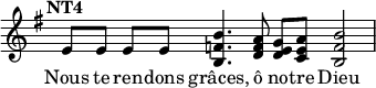 
\language "français" % pour avoir du sol, la etc…
\relative { \key sol \major \tempo "NT4"   % clefs, titre 
            \override Score.TimeSignature.stencil = ##f %Enlève la clef de Do symbole C.
            \set Score.tempoHideNote = ##t \tempo 4 = 80 \cadenzaOn % rythme pour le midi, retrait des barre auto
            \override Score.SpacingSpanner.common-shortest-duration = #(ly:make-moment 1 2) %Espace entre les notes 1/2 c’est bien.
mi'8[ mi] mi[ mi] <si' fa si,>4. <la fa re>8 <sol mi re>[ <la mi do>] <si fa si,>2 s2\bar "|" %une apostrophe, un brève, 1=ronde, 2=blanche, 4=noire, s=silence 
   \cadenzaOff }
\addlyrics {Nous te ren -- dons grâces, ô no -- tre Dieu}
