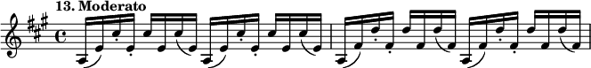 
%etude13
\relative a
{  
\time 4/4
\tempo "13. Moderato"
\key a \major
a16 (e') cis'-. e,-. cis' e, cis' (e,) a,16 (e') cis'-. e,-. cis' e, cis' (e,) | a, (fis') d'-. fis,-. d' fis, d' (fis,) a, (fis') d'-. fis,-. d' fis, d' (fis,) 
} 
