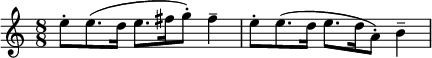 \relative c'' { \key a \minor \time 8/8     e8-. e8.( d16 e8. fis16 g8-.) fis4-- | e8-. e8.( d16 e8. d16 a8-.) b4-- }