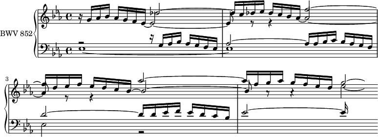 
\version "2.18.2"
\header {
  tagline = ##f
}

upper = \relative c'' {
    \clef treble 
    \key ees \major
    \time 4/4
    \tempo 4 = 60
    \set Staff.midiInstrument = #"harpsichord" 

   %% PRÉLUDE CBT I-7, BWV 852, mi-bémol majeur
   << { s1*2 s2 aes'2~ aes16 f g aes g f ees d g2*1/4~ \hideNotes g16 } \\ { \stemUp bes,16\rest g16 aes bes aes g f ees~ ees2~ ees8 r8 r4 } \\ { s1 s2 \stemUp f'2~ f16 d ees f ees d c bes~ bes2~ bes8 a8\rest a4\rest \stemDown ees'2*1/4_~ \hideNotes ees16 } \\ { s2 \stemUp des2^~ des16 c des ees des c bes aes~ aes2~ aes8 r8 r4 } >>
   
}

lower = \relative c {
    \clef bass 
    \key ees \major
    \time 4/4
    \set Staff.midiInstrument = #"harpsichord" 

       << {r2 r16 g'16 aes bes aes[ g f ees] aes2~ aes16 aes bes c bes aes g f | d'2~ d16 d ees f ees d c bes ees2~ ees16 } \\ { ees,1~ ees ees2 r2 } >>
} 

\score {
  \new PianoStaff <<
    \set PianoStaff.instrumentName = #"BWV 852"
    \new Staff = "upper" \upper
    \new Staff = "lower" \lower
  >>
  \layout {
    \context {
      \Score
      \remove "Metronome_mark_engraver"
    }
  }
  \midi { }
}
