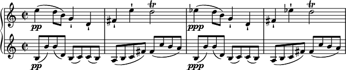 
{ \new PianoStaff <<
\new Staff \relative e'' { \set Staff.midiInstrument = #"piano" \key c \major \clef treble \time 2/2 \set Score.tempoHideNote = ##t \tempo 2 = 43
 e4 \pp ( d8 b8 ) g4 -! d4 -! | % 2
 fis4 -! e'4 -! d2 \trill | % 3
 es4 \ppp ( d8 b8 ) g4 -! d4 -! | % 4
 fis4 -! es'4 -! d2 \trill
 }
\new Staff \relative b { \set Staff.midiInstrument = #"piano" \key c \major \clef treble \time 2/2
 b8 \pp ( b'8 ) b8 ( d,8 ) b8
 ( c8 ) c8 ( b8 ) | % 2
 a8 ( b8 c8 fis8 ) fis8 ( c'8 b8 a8 ) | % 3
 b,8 \ppp ( b'8 ) b8 ( d,8 ) b8 ( c8 ) c8 ( b8 ) | % 4
 a8 ( b8 c8 fis8 ) fis8 ( c'8 b8 a8 ) }
>> }
