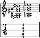  
<<
  %\override Score.BarLine.break-visibility = ##(#f #t #t)
  \time 2/1
    \new Staff  {
    \clef "treble_8"
        \once \override Staff.TimeSignature #'stencil = ##f
        <gis, bis, fis aisis dis' >1 | <aes, c ges b ees' >1 |
    }

     \new TabStaff {
       \override Stem #'transparent = ##t
       \override Beam #'transparent = ##t 
      s2 <gis,\6 c\5 fis\4 b\3 dis'\2 >1 s2
  }
>>
