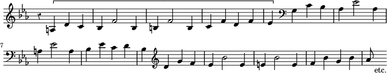 { \override Score.TimeSignature #'stencil = ##f \override Score.Rest #'style = #'classical
\time 4/4 \key ees \major \relative a {
  r4 \[ a d c | bes f'2 bes,4 | b f'2 b,4 | c f d f |
  ees \] \clef bass g, c bes | %end line 1
  aes ees'2 aes,4 | a ees'2 a,4 | bes ees c d |
  bes \clef treble d g f | ees bes'2 ees,4 | %end line 2
  e bes'2 e,4 | f bes g bes | aes8 s_"etc." } }