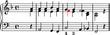 
\version "2.14.2"

\header {tagline = ##f}

upper = \relative c'' {
  \clef treble 
  \key f \major
  \time 4/4
  \tempo 4 = 100

      <<
         {
           \voiceOne
           s2. a4 a a bes a g g f2 }
           \new Voice {
           \voiceTwo
           s2. f4 f f e f \tweak NoteHead.color #red \tweak Stem.color #red f e f <bes, d> <a c>2 r4 \bar "||" }
       >>
}

lower = \relative c {
  \clef bass

         { s2. r4 a2 g4 f c'2 a4 bes f2 r4}
}

\score {
  \new PianoStaff <<
    \new Staff = "upper" \upper
    \new Staff = "lower" \lower
    \new FiguredBass {\figuremode 
    { r1 r1 <4>4 <3> }
  }
  >>
  \layout {
    \context {
      \Score
      \remove "Metronome_mark_engraver"
    }
  }
  \midi { }
}
