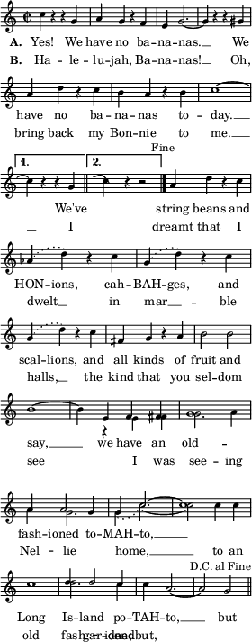 
  \layout { line-width = #70 
            \context Lyrics { \override LyricHyphen.minimum-distance = #1.0 } }
  \new Staff
  <<
%this doesn't seem to have any effect
    \new Voice {
\once \override Score.NonMusicalPaperColumn.line-break-system-details = #'((Y-offset . 0))

      s1*4 \break
\once \override Score.NonMusicalPaperColumn.line-break-system-details = #'((Y-offset . 140))
      s1*3 \break
      s1*3 \break
      s1*2 \break
      s1*3 \break

      \once \override Score.NonMusicalPaperColumn.line-break-system-details = #'((Y-offset . 120))
      s1*3 \break

      \once \override Score.NonMusicalPaperColumn.line-break-system-details = #'((Y-offset . 130))
      s1*3 \break
      s1*4 \break
    }
    \new Voice = orig \relative c'' { 
      \set Staff.midiInstrument = "marimba" %"choir aahs"
      \set Score.tempoHideNote = ##t
      \set Score.BarNumber = ##f 
      \magnifyStaff #5/7
      \tempo 2 = 120 
      \key c \major 
      \time 2/2
      \language "english"
      \repeat segno 2 { 
        c4 r r g | a4 g r f | e4 g2. ~  | g4 r r gs | \break
        a4 d r c | b4 a r b | c1 ~ | 
      }
      \alternative {
        { c4 r r g \bar "||" }
        { \once \override NoteHead.extra-spacing-width = #'(-2 . 2) c4 -\tweak control-points
                  #'((-1.5 . 1) (-1 . 1) (0 . 2) (1 . 0)) ( <> )
          r r2 \mark \markup \tiny "Fine" \bar "|." } 
      }       
      a4 d r c | \phrasingSlurDotted af\( d\) r c |
      g4\( d'\) r c | g4\( d'\) r c | fs,4 g r a | b2 b |b1 ~ | b4
      << % split into two voices to handle differing scansion
        { \voiceOne % stems up
           e,4 f fs | g1 | a4 a2 g4 | g c2. ~ | c1 | c | d4 d2 c4 % we have an...
        } 
        \new Voice = spaeth \relative c' { 
          \voiceTwo % stems down
          \set Score.midiMaximumVolume = #0 % these aren't chords
          \teeny
          r4 e \once \override NoteColumn.force-hshift = #1 f | g2. a4  | a g2. % I was...
          \phrasingSlurDotted \(g4 c2.\)( | c2) c4 c 
          \once \override NoteColumn.force-hshift = #-0.5 c1 | d2. c4 
        }
        
        \new Lyrics \with {
         % \override LyricText.extra-offset     = #'(0 . 2.8)
         % \override LyricHyphen.extra-offset   = #'(0 . 2.8) 
         % \override LyricExtender.extra-offset = #'(0 . 2.8)
          %\override StanzaNumber.extra-offset  = #'(0 . 2.8)
        }
        \lyricsto spaeth { \set fontSize = #-2
          \override LyricText.extra-offset   = #'(0 . 2.8)
          \override LyricHyphen.extra-offset = #'(0 . 2.8)
          I was see -- ing 
          \override LyricText.extra-offset   = #'(0 . 0)
          \override LyricHyphen.extra-offset = #'(0 . 0.2)
          Nel -- lie home, __ _ to an 
          \override LyricText.extra-offset = #'(0 . 2.8)
          \override LyricHyphen.extra-offset = #'(0 . 3)
          old fash -- ioned }
      >> % end split
      \oneVoice   
        c4 a2. ~ | a2 \mark \markup \tiny "D.C. al Fine" g \bar "||"
    } % end orig Voice
    \addlyrics  { \set stanza = "A. " \set fontSize = #-2
      Yes! We have no ba -- na -- nas. __ We have no ba -- na -- nas to -- day. __ 
      We've \skip 1 string beans and HON -- ions, cah -- BAH -- ges, and scal -- lions, 
      and all kinds of fruit and say, __ 
      we have an old -- fash -- ioned to -- MAH --  to, __ 
      Long Is -- land po -- TAH -- to, __  but 
    } 
    \addlyrics { \set stanza = "B. " \set fontSize = #-2
      Ha -- le -- lu -- jah, Ba -- na -- nas! __ Oh, bring back my Bon -- nie to me. __ 
      I \skip 1 dreamt that I dwelt __ _ in mar -- __ _ ble halls, __ _ the kind that you sel -- dom see
      \repeat unfold 11 { \skip 1 } % skip over voiceTwo lyrics
      gar -- den; __ but,
    }
  >>
