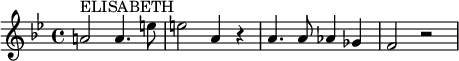 
\relative c'' {
\clef G
\key bes \major
\time 4/4
\set Staff.midiInstrument = #"piccolo"
a!2^\markup { ELISABETH } a4. e'8
  e2 a,4 r
  a4. a8 aes4 ges
  f2 r
}
