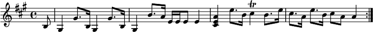 { \key a \major \time 4/4 \partial 8 \relative b {
  b8 | gis4 gis'8. b,16 gis4 gis'8. b,16 |
  gis4 b'8. a16 e e e8 e4 |
  <a e cis>4 e'8. b16 cis4\trill b8. e16 |
  cis8. a16 e'8. b16 cis8 a a4 \bar ":|." } }