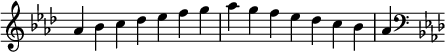   {\ override Score.TimeSignature # 'stencil = ## f \ related c' '{\ clef treble \ key aes \ major \ time 7/4 aes4 bes c des es fg aes gf es des c bes aes \ clef bass \ key aes \ major}}

