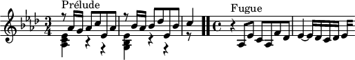 
\version "2.18.2"
\header {
  tagline = ##f
}

\score {
  \new Staff \with {

  }
<<
  \relative c' {
    \key aes \major
    \time 3/4

     %% INCIPIT CBT I-17, BWV 858, la-bémol majeur
     << { r8^\markup{Prélude} aes'16 g aes8 c ees, aes | r8 bes16 aes bes8 des ees, bes' | c4 } \\ { < ees, c aes >4 r4 r4  < ees bes g > r4 r4 r8} >> \bar ".."
     \time 4/4 \partial 1
     r4^\markup{Fugue} aes,8 ees' c aes f' des ees4~ ees16 des c des 
{ 
 % suppression des warnings :
 #(ly:set-option 'warning-as-error #f)
 #(ly:expect-warning (_ "stem does not fit in beam")) %% <= à traduire éventuellement
 #(ly:expect-warning (_ "beam was started here")) %% <= à traduire éventuellement
  \set stemRightBeamCount = #2
  ees4*1/4[ s]
}

  }
>>
  \layout {
     \context { \Score \remove "Metronome_mark_engraver" 
     \override SpacingSpanner.common-shortest-duration = #(ly:make-moment 1/2) 
}
  }
  \midi {}
}
