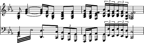 { \override Score.TimeSignature #'stencil = ##f \time 4/4 \key ees \major << \relative e' { < ees bes g>8-. <ees g bes>4. ~ q16 <g ees bes>-. <ees bes g>8-. <f d bes f> <g ees bes g> | <aes ees c aes>16 <g ees bes g> <f ees c f,>8 \times 2/3 { <bes ees, bes>16 <aes d, bes> <g ees bes> } \times 2/3 { <aes d, bes> <g ees bes> <f bes, f> } <f ees a, f>2 | }
\new Staff { \clef bass \key ees \major << \relative b, { <bes g>4 s <d d,>8. <c c,>16 \times 2/3 { <bes bes,>8 <aes aes,> <g g,> } | <f f,>16 <g g,> <aes aes,>8 \times 2/3 { <g g,>16 <f f'> <ees ees'> } \times 2/3 { <f f'> <ees ees'> <d d'> } <c c'>2 } \\ { \repeat tremolo 8 { ees,32 ees } } >> }
>> }