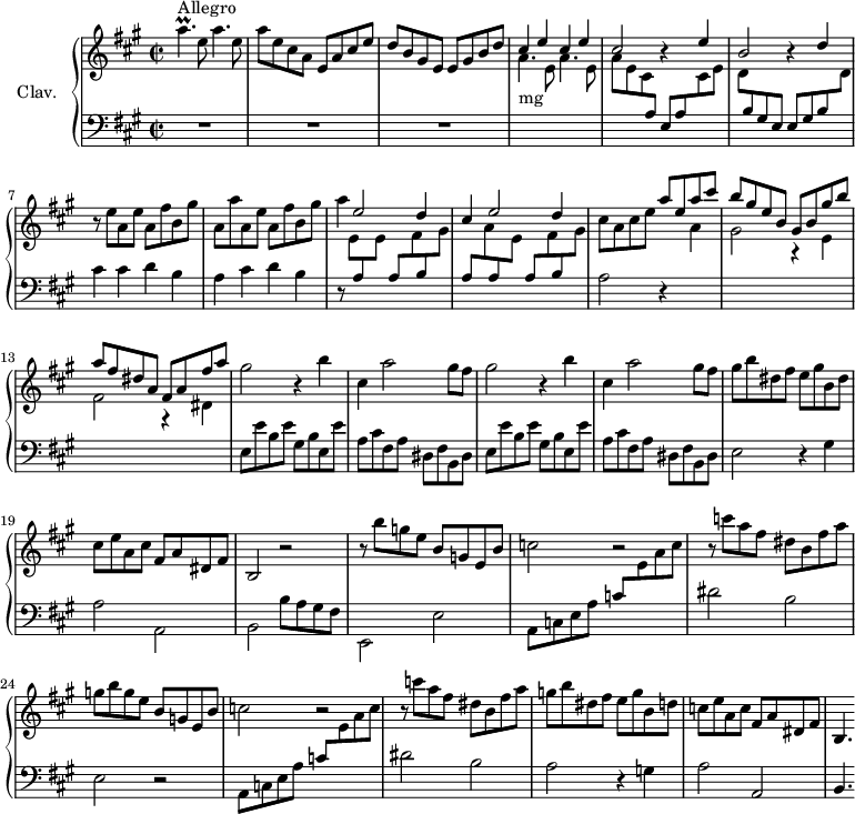 
\version "2.18.2"
\header {
 tagline = ##f
 % composer = "Domenico Scarlatti"
 % opus = "K. 320"
 % meter = "Allegro"
}

%% les petites notes
trillApUp = { \tag #'print { a'4.\prall } \tag #'midi { b32 a b a~ a4 } }

upper = \relative c'' {
 \clef treble 
 \key a \major
 \time 2/2
 \tempo 2 = 78
 \set Staff.midiInstrument = #"harpsichord"
 \override TupletBracket.bracket-visibility = ##f

 s8*0^\markup{Allegro}
 \trillApUp e8 a4. e8 | a e cis a e a cis e | d b gis e e gis b d | \stemUp \repeat unfold 2 { cis4 e }
 % ms. 5
 cis2 r4 e4 | b2 r4 d4 | \stemNeutral r8 e8 a, e' a, fis' b, gis' | a, a' a, e' a, fis' b, gis' |
 % ms. 9
 a4 \stemUp e2 d4 | cis e2 d4 \stemNeutral | cis8 a cis e \stemUp a e a cis | b gis e b gis b gis' b |
 % ms. 13
 a8 fis dis a fis a fis' a \stemNeutral | \repeat unfold 2 { gis2 r4 b4 | cis,4 a'2 gis8 fis } |
 % ms. 18
 gis8 b dis, fis e gis b, dis | cis e a, cis fis, a dis, fis | b,2 r2 | r8 b''8 g e b g e b' |
 % ms. 22
 c2 r2 | r8 c'8 a fis dis b fis' a | g b g e b g e b' | c2 r2 | 
 % ms. 26
 r8 c'8 a fis dis b fis' a | g b dis, fis e g b, d | c e a, c fis, a dis, fis | b,4.

}

lower = \relative c' {
 \clef bass
 \key a \major
 \time 2/2
 \set Staff.midiInstrument = #"harpsichord"
 \override TupletBracket.bracket-visibility = ##f

 % ************************************** \appoggiatura a16 \repeat unfold 2 { } \times 2/3 { } \omit TupletNumber 
 R1*3 | \stemDown \change Staff = "upper" s8*0-\markup{mg} \repeat unfold 2 { a'4. e8 } |
 % ms. 5
 a8 e cis \stemUp \change Staff = "lower" a e a \stemDown \change Staff = "upper" cis e | d \stemUp \change Staff = "lower" b gis e e gis b \stemDown \change Staff = "upper" d \stemNeutral \change Staff = "lower" | cis4 cis d b | a cis d b |
 % ms. 9
 r8 \stemDown \change Staff = "upper" e8 \stemUp \change Staff = "lower" a, \stemDown \change Staff = "upper" e' \stemUp \change Staff = "lower" a, \stemDown \change Staff = "upper" fis' \stemUp \change Staff = "lower" b, \stemDown \change Staff = "upper" gis' |
 % ms. 10
 \stemUp \change Staff = "lower" a, \stemDown \change Staff = "upper" a' \stemUp \change Staff = "lower" a, \stemDown \change Staff = "upper" e' \stemUp \change Staff = "lower" a, \stemDown \change Staff = "upper" fis' \stemUp \change Staff = "lower" b, \stemDown \change Staff = "upper" gis' | \change Staff = "lower" a,2 r4 \stemDown \change Staff = "upper" a'4 | gis2 r4 e4 |
 % ms. 13
 fis2 r4 dis4 | \change Staff = "lower" \repeat unfold 2 { e,8 e' b e gis, b e, e' | a, cis fis, a dis, fis b, dis } |
 % ms. 18
 e2 r4 gis4 | a2 a, | b b'8 a gis fis | e,2 e' |
 % ms. 22
 a,8 c e a \stemUp c \stemDown \change Staff = "upper" e a c | \stemNeutral \change Staff = "lower" dis,2 b e, r2 | a,8 c e a \stemUp c \stemDown \change Staff = "upper" e a c | \stemNeutral \change Staff = "lower"
 % ms. 26
 dis,2 b a r4 g4 | a2 a, | b4.

}

thePianoStaff = \new PianoStaff <<
 \set PianoStaff.instrumentName = #"Clav."
 \new Staff = "upper" \upper
 \new Staff = "lower" \lower
 >>

\score {
 \keepWithTag #'print \thePianoStaff
 \layout {
 #(layout-set-staff-size 17)
 \context {
 \Score
 \override SpacingSpanner.common-shortest-duration = #(ly:make-moment 1/2)
 \remove "Metronome_mark_engraver"
 }
 }
}

\score {
 \keepWithTag #'midi \thePianoStaff
 \midi { }
}
