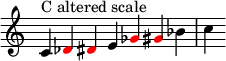  {
\override Score.TimeSignature #'stencil = ##f
\relative c' { 
  \clef treble \time 7/4 c4^\markup { C altered scale }
  \override NoteHead.color = #red des dis
  \override NoteHead.color = #black e
  \override NoteHead.color = #red ges gis
  \override NoteHead.color = #black bes c
  }

}
