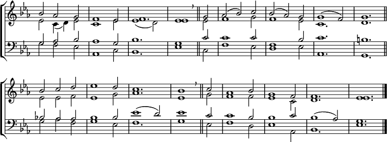 
\new ChoirStaff <<
  \new Staff { \clef treble \time 3/2 \key es \major \set Staff.midiInstrument = "church organ" \omit Staff.TimeSignature \set Score.tempoHideNote = ##t \override Score.BarNumber  #'transparent = ##t
  \relative c''
  << { bes2 aes g | f1 es2 | f1. | es1 \breathe \bar"||"
       g2 | aes( bes) c | bes( aes) g | g1( f2) | g1. \bar"||" \break
       bes2 c d | es1 d2 | c1. | bes1 \breathe \bar"||"
       c2 | aes1 bes2 | g1 f2 | f1. | es \bar"|." } \\
  { es2 c4( d) es2 | c1 es2 | es1( d2) | es1
    es2 | f1 g2 | f1 es2 | c1. | d
    es2 es f | es1 g2 | aes1. | es1
    g2 | f1 f2 | es1 c2 | d1. | es } >>
  } 
\new Staff { \clef bass \key es \major \set Staff.midiInstrument = "church organ" \omit Staff.TimeSignature \override Staff.NoteHead.style = #'altdefault
  \relative c'
  << { g2 aes bes | aes1 g2 | bes1. | g1
       c2 | c1 c2 | f,1 bes2 | c1. | b
       bes!2 aes aes | bes1 bes2 | es1( d2) | es1
       c2 | c1 bes2 | bes1 c2 | bes1( aes2) | g1. } \\
  { g2 f es | aes,1 c2 | bes1. | es1
    c2 | f1 es2 | d1 es2 | aes,1. | g
    g'2 aes f | g1 es2 | f1. | g1
    es2 | f1 d2 | es1 aes,2 | bes1. | es } >>
  } 
>>
\layout { indent = #0 }
\midi { \tempo 2 = 80 }
