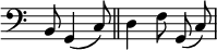 { \override Score.TimeSignature #'stencil = ##f \time 5/8\clef bass\relative c{\partial 2b8g4\(c8\)\bar "||"d4f8g,\(\noBeam c8\)}}