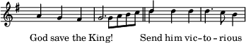 
 \new Staff \with { \magnifyStaff #5/7 } <<
 \set Score.tempoHideNote = ##t
 \new Voice \relative g' {
 \set midiInstrument = #"choir aahs"
 \voiceOne
 \key g \major
 \time 3/4
 \tempo 4 = 60
 \hide Staff.TimeSignature
 a4 g fis g2. \bar "||" d'4 \stemNeutral d d d4. c8 b4
 }
 \addlyrics {
 \override LyricText.font-size = #-1
 God save the King!
 Send him vic -- to -- ri -- ous
 }
 \new Voice \relative g {
 \set midiInstrument = #"piano"
 \voiceTwo
 s2. s4 g'8 a b c d4 
 }
 >>
 \layout { }
 \midi {
 \context {
 \Staff
 \remove "Staff_performer"
 }
 \context {
 \Voice
 \consists "Staff_performer"
 }
 }
