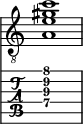  
<<
  %\override Score.BarLine.break-visibility = ##(#f #t #t)
  \time 1/1
    \new Staff  {
    \clef "treble_8"
        \once \override Staff.TimeSignature #'stencil = ##f
        <  a e' gis' c''>1
    }

     \new TabStaff {
       \override Stem #'transparent = ##t
       \override Beam #'transparent = ##t 
      <  a\4 e'\3 gis'\2 c''\1>1
  }
>>
