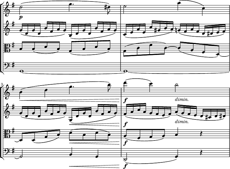 
\new StaffGroup <<
  \new Staff \with { \remove "Time_signature_engraver" } { 
   \relative c' { \key g \major \time 4/4
    d'2\p( g4. dis8) e2 a4( c,) b\<( d g4. b8) d4\f( c) b2 _\markup{ \italic dimin. } } }
  \new Staff \with { \remove "Time_signature_engraver" } { 
   \relative c' { \key g \major \time 4/4
    g'16( d g d b' fis a g) b,( d g d b' fis a g) c,( e a e c' gis b a) g( fis a fis d dis e fis)
    g( d g d b' fis a g) g,\<( d' g d b' fis a g) fis\f( a c a g fis e fis) a _\markup{ \italic dimin. }( g fis e d cis d dis) } }
  \new Staff \with { \remove "Time_signature_engraver" } { 
   \relative c' { \key g \major \time 4/4 \clef C  
    b8 b( d b) g( b d b) g( c fis c~) c( a fis d~) d d( g b) d\<( b d b) a\f( fis g a) b4 r } }
  \new Staff \with { \remove "Time_signature_engraver" } { 
   \relative c' { \key g \major \time 4/4 \clef bass  
    g,1~ g~ g2 b4\< g d2\f( g4) r } }
>>
