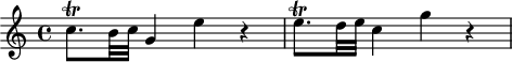 
\header {
 tagline = ##f
}

\score {
 \new Staff \with {

 }
<<
 \relative c'' {
 \key c \major
 \time 4/4
 \override TupletBracket #'bracket-visibility = ##f 
 \autoBeamOff

 %%%%%%%%%%%%%%%%%%%%%%%%%% K6
 c8.\trill[ b32 c] g4 e' r4 e8.\trill[ d32 e] c4 g' r4

 }
>>
 \layout {
 \context {
 \remove "Metronome_mark_engraver"
 }
 }
 \midi {}
}
