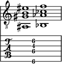  
<<
  %\override Score.BarLine.break-visibility = ##(#f #t #t)
  \time 2/1
    \new Staff  {
    \clef "treble_8"
        \once \override Staff.TimeSignature #'stencil = ##f
        <ais,  gis b eis' >1 | <bes,  aes ces' f' >1 |
    }

     \new TabStaff {
       \override Stem #'transparent = ##t
       \override Beam #'transparent = ##t 
      s2 <ais,\6  gis\4 b\3 f'\2 >1 s2
  }
>>
