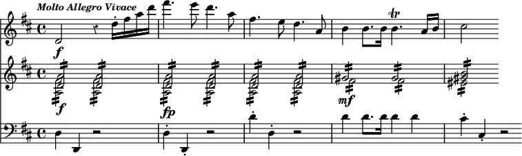 << \time 4/4 \new Staff { \override Score.Rest #'style = #'classical \key d \major \tempo \markup { \italic \small "Molto Allegro Vivace" } \relative d' { d2\f r4 d'16-. fis a d | fis4. e8 d4. a8 | fis4. e8 d4. a8 | b4 b8. b16 b4.\trill a16 b | cis2 } }
\new Staff { \key d \major \relative d' << { <d a'>2:16\f q: | q:\fp q: | q: q: | gis:\mf gis: <gis b>: } \\ { <fis a,>2:16 q: | q: q: | q: q: | fis: fis: | eis: } >> }
\new Staff { \clef bass \key d \major \relative d { d4 d, r2 | d'4-. d,-. r2 | d''4-. d,-. r2 | d'4 d8. d16 d4 d | cis-. cis,-. r2*1/2 } } >>