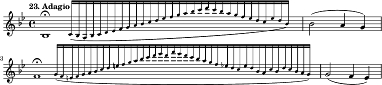 
%etude23
\relative b'
{  
\time 4/4 
\tempo "23. Adagio"
\key bes \major
\afterGrace bes,1 \fermata {c16 [(bes a bes c d ees f g a bes c d ees f g a bes c d c bes a g f ees d c ees d bes)]} | bes 2 (a4 g) | \afterGrace f1\fermata {g16 [(f e f g a bes c d e f g a bes c d ees d f ees d c bes a g f ees d c ees d bes a c bes d c bes a g)]} | g2 (f4 ees)
}
