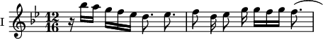 
\language "italiano"
\score {
 \new Staff \with { instrumentName = "I " } <<
 \new Voice = "first"
    \relative { \voiceOne 
      \clef treble
      \time 12/16
      \key sib \major
        \stemDown si'16\rest sib'16 la sol fa mib re8. mib |
        \autoBeamOff fa8 re16 mib8 sol16 sol[ fa sol] fa8.( | \stopStaff \hideNotes fa)
    }
 >>
 \layout {
    \context { \Staff \RemoveEmptyStaves }
    indent = 0\cm
    line-width = #120
    \override Score.BarNumber #'stencil = ##f
  }
  \midi { }
}
\header { tagline = ##f}
