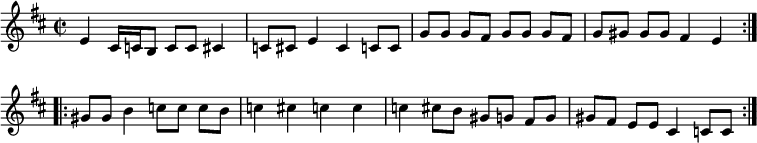 \relative e' { \key b \minor \time 2/2 \override Score.BarNumber #'break-visibility = #'#(#f #f #f)
  \repeat volta 2 { e4 cis16 c b8 c c cis4 | c8 cis e4 cis4 c8 c |
  g'[ g] g[ fis] g[ g] g[ fis] | g[ gis] gis[ gis] fis4 e }
  \repeat volta 2 { gis8 gis b4 c8[ c] c[ b] | c4 cis c c |
  c cis8[ b] gis[ g] fis[ g] | gis[ fis] e[ e] cis4 c8 c } }