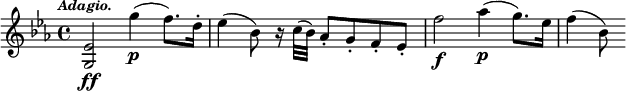 { \time 4/4 \key ees \major \tempo \markup { \smaller \italic Adagio. } \relative e' { <ees g,>2\ff g'4\p( f8.) d16-. ees4( bes8) r16 c32( bes) aes8-. g-. f-. ees-.) f'2\f aes4(\p g8.) ees16 f4( bes,8) } }