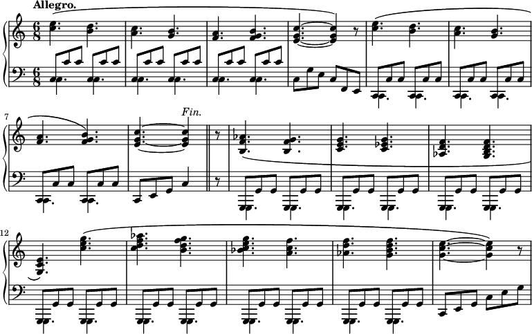 
\relative c'' {
\new PianoStaff << 
\new Staff {
\clef G
\tempo "Allegro."
\key c \major
\time 6/8
<c e>4.\( <b d> | <a c> <g b> | <f a> <f g b> | <e g c>~ <e g c>4 \) r8 

<c' e>4.\( <b d> | <a c> <g b> | <f a> <f g b> \) | <e g c>~ <e g c>4^\markup { \italic Fin. }  \bar "||" r8 

<b f' aes>4. \( <b f' g>
  <c e g> <c ees g>
  <aes d f> <g b d f>
  <g c e> \) <c' e g> \(

<c d f aes> <b d f g>
  <bes c e g> <a c f>
  <aes d f> <g b d f> 
  <g c e>~ <g c e>4 \) r8
}

\new Staff  {
\clef F
\key c \major
\time 6/8
<<
  { c,,8 c' c c, c' c | c, c' c c, c' c | c, c' c c, c' c
  }
  \\
  { c,4. c | c c | c c }
  >>
  c8 g' e c f, e

<<
  { c8 c' c c, c' c | c, c' c c, c' c | c, c' c c, c' c
  }
  \\
  { c,4. c | c c | c c }
  >>
  c8 e g c4 r8

<<
  { g,8 g' g g, g' g | g, g' g g, g' g | g, g' g g, g' g | g, g' g g, g' g
    g, g' g g, g' g | g, g' g g, g' g | g, g' g g, g' g
  }
  \\
  { g,4. g | g g | g g | g g
    g g | g g | g g }
  >>
  c8 e g c e g
}

>>
} 
