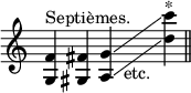 
\relative c' {
  \override Staff.TimeSignature #'stencil = ##f
  \cadenzaOn
  <g f'>^"Septièmes." <gis fis'> <a g'>\glissando s1_"etc." <d' c'>4^"*"
  \bar "||"
}
