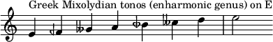  {\ override Score.TimeSignature #'stencil = ## f \ relative c' {\ clef diskant \ time 7/4 e4^\ markup {Greek Mixolydian tonos (enharmonic genus) on E} feh geses a beseh ceses d e2}}
