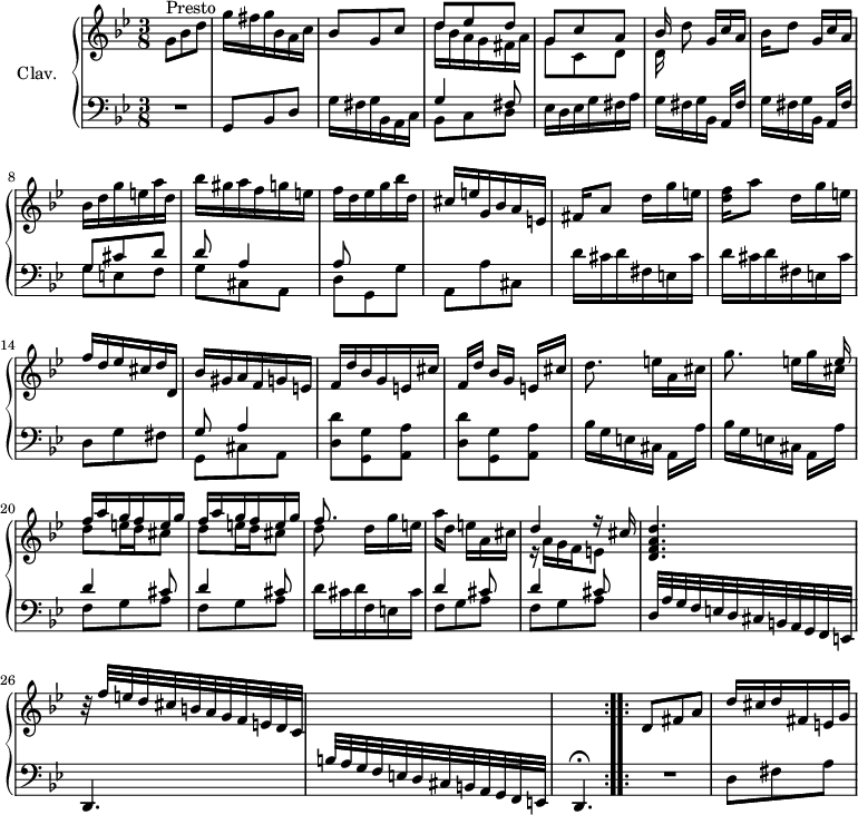 
\version "2.18.2"
\header {
 tagline = ##f
 % composer = "Domenico Scarlatti"
 % opus = "K. 76"
 % meter = "Presto"
}

%% les petites notes
%trillBesp = { \tag #'print { bes4.\prall } \tag #'midi { c32 bes c bes~ bes4 } }

upper = \relative c'' {
 \clef treble 
 \key g \minor
 \time 3/8
 \tempo 4. = 58
 \set Staff.midiInstrument = #"harpsichord"
 \override TupletBracket.bracket-visibility = ##f

 \repeat volta 2 {
 s8*0^\markup{Presto}
 g8 bes d | g16 fis g bes, a c | bes8 g c | << { d8 ees d | g, c a | bes16 } \\ { d16 bes a g fis a | g8 c, d | d16 } >> d'8 g,16[ c a]
 % ms. 7
 bes16 d8 g,16[ c a] | bes d g e a d, | bes' gis a f g e | f d ees g bes d, | cis e g, bes a e | fis16 a8 d16[ g e]
 % ms. 13
 < d f >16 a'8 d,16[ g e] | f d ees cis d d, | bes' gis a f g e | f d' bes g e cis' | f,[ d'] bes g e[ cis'] | d8. e16[ a, cis] |
 % ms. 19
 g'8. << { s8 e16 \repeat unfold 2 { f16 a g f e g } | f8. } \\ { e16 g cis, | \repeat unfold 2 { d8 e16 d cis8 } | d8 } >> d16 g e | a16 d,8 e16[ a, cis] | << { d4 r16 cis16 } \\ { r16 a16 g f e8 } >>
 % ms. 25
 < d f a d >4. | r32 f'32 e d cis b a g f e d c | \stemUp \change Staff = "lower" b a g f e d cis b a g f e | s4. }%repet
 \stemNeutral \change Staff = "upper"
 % ms. 29
 d''8 fis a | d16 cis d fis, e g

}

lower = \relative c' {
 \clef bass
 \key g \minor
 \time 3/8
 \set Staff.midiInstrument = #"harpsichord"
 \override TupletBracket.bracket-visibility = ##f

 \repeat volta 2 {
 % ************************************** \appoggiatura a16 \repeat unfold 2 { } \times 2/3 { } \omit TupletNumber 
 R4. | g,8 bes d | g16 fis g bes, a c | << { g'4 fis8 } \\ { bes,8 c d } >> | ees16 d ees g fis a | \repeat unfold 2 { g fis g bes, a[ fis'] }
 % ms. 8
 << { g8 cis d | d a4 | a8 } \\ { g8 e f | g cis, a | d g, g' } >> | a, a' cis, | \repeat unfold 2 { d'16 cis d fis, e cis' } |
 % ms. 14
 d,8 g fis | << { g8 a4 } \\ { g,8 cis a } >> | \repeat unfold 2 { < d d' >8 < g, g' > < a a' > } | \repeat unfold 2 { bes'16 g e cis a[ a'] } |
 % ms. 20
 \repeat unfold 2 { << { d4 cis8 } \\ { f,8 g a } >> } | d16 cis d f, e cis' | \repeat unfold 2 { << { d4 cis8 } \\ { f,8 g a } >> } |
 % ms. 25
 d,32 a' g f e d cis b a g f e | d4. | s4. | d4.\fermata }%repet
 % ms. 29
 \bar ":..:" R4. | d'8 fis a | 

}

thePianoStaff = \new PianoStaff <<
 \set PianoStaff.instrumentName = #"Clav."
 \new Staff = "upper" \upper
 \new Staff = "lower" \lower
 >>

\score {
 \keepWithTag #'print \thePianoStaff
 \layout {
 #(layout-set-staff-size 17)
 \context {
 \Score
 \override SpacingSpanner.common-shortest-duration = #(ly:make-moment 1/2)
 \remove "Metronome_mark_engraver"
 }
 }
}

\score {
 \unfoldRepeats
 \keepWithTag #'midi \thePianoStaff
 \midi { }
}
