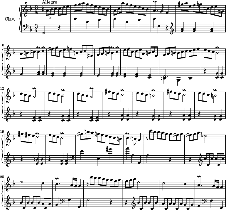 
\version "2.18.2"
\header {
  tagline = ##f
  % composer = "Domenico Scarlatti"
  % opus = "K. 167"
  % meter = "Allegro"
}

%% les petites notes
trillCb      = { \tag #'print { c2\prall } \tag #'midi { d32 c d c~ c4. } }
trillBb      = { \tag #'print { b2\prall } \tag #'midi { c32 b c b~ b4. } }
trillBesb    = { \tag #'print { bes2\prall } \tag #'midi { c32 bes c bes~ bes4. } }
trillAb      = { \tag #'print { a2\prall } \tag #'midi { bes32 a bes a~ a4. } }
trillDb      = { \tag #'print { d2\prall } \tag #'midi { e32 d e d~ d4. } }
trillCis     = { \tag #'print { cis4\prall } \tag #'midi { d32 cis d cis~ cis8 } }
trillD       = { \tag #'print { d4\prall } \tag #'midi { e32 d e d~ d8 } }
trillAp      = { \tag #'print { a4.\prall } \tag #'midi { bes32 a bes a~ a4 } }
trillB       = { \tag #'print { b4\prall } \tag #'midi { c32 b c b~ b8 } }
trillC       = { \tag #'print { c4\prall } \tag #'midi { d32 c d c~ c8 } }
trillBesp    = { \tag #'print { bes4.\prall } \tag #'midi { c32 bes c bes~ bes4 } }
trillAp      = { \tag #'print { a4.\prall } \tag #'midi { bes32 a bes a~ a4 } }
trillCp      = { \tag #'print { c4.\prall } \tag #'midi { d32 c d c~ c4 } }

upper = \relative c'' {
  \clef treble 
  \key f \major
  \time 3/4
  \tempo 4 = 112

      s8*0^\markup{Allegro}
      r4 \times 2/3 { a8 bes c }  \omit TupletNumber \times 2/3 { c8 d e } | \times 2/3 { f8 g a g d c bes } |
      \times 2/3 { a8 c a' g d c bes } | \trillAp g8 f4 |
      % ms. 5
      \times 2/3 { gis'8 a e f d e gis, } | \times 2/3 { a8 b cis } \trillCis \trillD | \times 2/3 { fis8 g d e c d fis, } 
      \times 2/3 { g8 a b } \trillB \trillC | \times 2/3 { e8 f c d b c f, } | 
      % ms. 10
      \times 2/3 { g8 a b b d e f } | \repeat unfold 2 { \times 2/3 { e8 d c } \trillBesb | \times 2/3 { d8 c bes } \trillAb } |
      % ms. 15
      \repeat unfold 2 { \times 2/3 { fis'8 e d } \trillCb | \times 2/3 { e d c } \trillBb } | \times 2/3 { gis'8 fis e } \trillDb |
      % ms. 20
      \times 2/3 { f8 e d } \trillCb  | \times 2/3 { gis'8 b a g d c b } | \trillCp b8 a4 | \times 2/3 { r8 c'8 bes bes g fis g } | \times 2/3 { fis8 g a } ees2 |
      % ms. 25
      d2 c4 | \trillBesp a16 g g4 | \times 2/3 { r8 bes'8 a a f e f } | \times 2/3 { e8 f g } d2 | c2 bes4 |
      % ms. 30
      \trillAp g16 f f4 |

}

lower = \relative c' {
  \clef bass
  \key f \major
  \time 3/4

    % ************************************** \appoggiatura a16  \repeat unfold 2 {  } \times 2/3 { }   \omit TupletNumber 
      f,,2 r4 | \repeat unfold 2 { f''4 c e } | f f,  r4   \clef treble  |
      % ms. 5
      < f' a >4 q q | f < f a > q | < e g > q q | e < e g > q | < d f > q < c e > |
      % ms. 10
      << { d2. } \\ { b4 g b } >> | \repeat unfold 2 { r4 < c g' >4 q | r4 < c f >4 q } | 
      % ms. 15
      \repeat unfold 2 { r4 < d a' >4 q | r4 < d g >4 q } | r4 < e b' >4 q |
      % ms. 20
      r4 < e a >4 q   \clef bass | e4 e, gis' | a a, a, | a'2 r4 | r4 \clef treble \omit TupletNumber  \repeat unfold 2 { \times 2/3 { c'8 }  }
      % ms. 25
      \repeat unfold 2 { \times 2/3 { bes8 }  } \times 2/3 { a8 } | g4  \clef bass g, g, | g'2 r4 | 
      r4 \clef treble \repeat unfold 2 { \times 2/3 { bes'8 }  } | \repeat unfold 2 { \times 2/3 { a8 } } \times 2/3 { g8 }
      % ms. 30
      f4 \clef bass f, f, % \clef treble | 

}

thePianoStaff = \new PianoStaff <<
    \set PianoStaff.instrumentName = #"Clav."
    \new Staff = "upper" \upper
    \new Staff = "lower" \lower
  >>

\score {
  \keepWithTag #'print \thePianoStaff
  \layout {
      #(layout-set-staff-size 17)
    \context {
      \Score
     \override TupletBracket.bracket-visibility = ##f
     \override SpacingSpanner.common-shortest-duration = #(ly:make-moment 1/2)
      \remove "Metronome_mark_engraver"
    }
  }
}

\score {
  \keepWithTag #'midi \thePianoStaff
  \midi { \set Staff.midiInstrument = #"harpsichord" }
}
