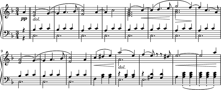 
 \relative c' {
 \new PianoStaff <<
 \new Staff { \key d \minor \time 3/4 \set Score.tempoHideNote = ##t \tempo 2.=52
 <<
 {
 \partial 4 a'4 \bar "||" <a e>2_\markup { \italic dol. }( g4~)( g a4. bes8 <c f,>2) a4~ a s2 d( c4~\<) c( d4. e8\! g2\> f4~\!) f c4.( a8) <a e>2( g4~)( g a4. bes8 <c f,>2) a4 c\<( dis e) a2\!( e4) f( e8) r r dis e2.~\< e2 a4\!
 }
 \\
 {
 s4 s2 s4 s s4. s8 s2 s4 s c,2 <e, g bes>2. s4 s4. s8 <a c>2. s4 s4. s8 s2 s4 s s4. s8 s2 s4 s s s a2._\markup { \italic dol. }
 }
 >>
 }
 \new Dynamics {
 s\pp
 }
 \new Staff { \key d \minor \time 3/4 \clef bass
 <<
 { r4 bes,4 c c bes c c a c c a c c bes c c bes c c a c c a c c bes c c bes c c a c c s s s r <a c> <a c> r <gis d'> <gis d'> }
 \\
 { r4 c,2. c c c c c c c c c c f4 <a c> <a c> e2. e a4 <a c e>4-.( <a c e>4-. <a c e>4-. <a c e>4-. <a c e>4-.) }
 >>
 }
 >>
 }
