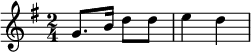 {\set Staff.midiInstrument = #"celesta" \key g \major \time 2/4 g'8. b'16 d''8 d''8 e''4 d''4}