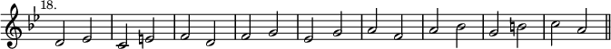 { \override Score.TimeSignature #'stencil = ##f \time 2/2 \key bes \major \relative c' { \mark \markup \small "18." d2 ees | c e | f d | f g | ees g | a f | a bes | g b | c a \bar "||" } }