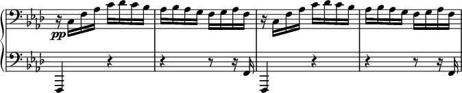  \relative c'{ \new PianoStaff << \new Staff \with { \remove "Time_signature_engraver" } { \key f \minor \time 2/4 \clef bass r16\pp c, f aes c des c bes aes bes aes g f g aes f r c f aes c des c bes aes bes aes g f g aes f } \new Staff \with { \remove "Time_signature_engraver" } { \key f \minor \time 2/4 \clef bass f,,4 r r r8 r16 f' f,4 r r r8 r16 f' } >> } 