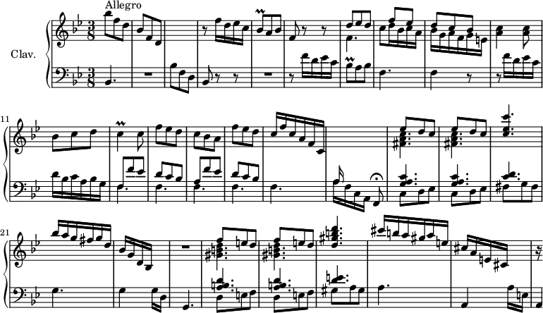 
\version "2.18.2"
\header {
  tagline = ##f
  % composer = "Domenico Scarlatti"
  % opus = "K. 249"
  % meter = "Allegro"
}

%% les petites notes
trillBesq    = { \tag #'print { bes8\prall } \tag #'midi { c32 bes c bes } }
trillC       = { \tag #'print { c4\prall } \tag #'midi { d32 c d c~ c8 } }

upper = \relative c'' {
  \clef treble 
  \key bes \major
  \time 3/8
  \tempo 4. = 78
  \set Staff.midiInstrument = #"harpsichord"
  \override TupletBracket.bracket-visibility = ##f

      s8*0^\markup{Allegro}
      bes'8 f d | bes f d | s4. | r8 f'16 d ees c | \trillBesq a8 bes | f r8 r8 |
      % ms. 7
      << { d'8 ees d | s8 f8 ees | d c bes } \\ { f4. | c'8 d16 bes c a | bes g a f g e } >> | < a c >4 q8 | bes8 c d | \trillC c8
      % ms. 13
      f8 ees d | c bes a | f' ees d | c16 f c a f c | \stemUp \change Staff = "lower"  a16 \change Staff = "upper" s16 s4 | \repeat unfold 2 {  << { ees''8 d c } \\ { < fis, a c >4.-\tweak stencil ##f \p } >> }
      % ms. 20
      < c' ees c' >4. | bes'16 a g fis g d | bes g d bes s8 | R4. | \repeat unfold 2 {  << { f''8 e d } \\ { < gis, b d >4.-\tweak stencil ##f \p } >> } | < d' gis b d >4.
      % ms. 27
      cis'16 b a gis a e | cis a e cis s8 | r16

}

lower = \relative c' {
  \clef bass
  \key bes \major
  \time 3/8
  \set Staff.midiInstrument = #"harpsichord"
  \override TupletBracket.bracket-visibility = ##f

    % ************************************** \appoggiatura a8  \repeat unfold 2 {  } \times 2/3 { }   \omit TupletNumber 
      bes,4. | R4. | bes'8 f d | bes8 r8 r8 | R4. | r8 f''16 d ees c |
      % ms. 7
      \trillBesq a8 bes | f4. | f4 r8 | r8 f'16 d ees c | d bes c a bes g | << { f8 f' ees | d c bes | a f' ees | d c bes } \\ { \mergeDifferentlyDottedOn \repeat unfold 5 { f4. } } >>
      % ms. 17
      a16[ f c a]   \tempo 4. = 40 f8\fermata   \tempo 4. = 78 | << { < g' a c >4.-\tweak stencil ##f \p q < c d > } \\ { c,8 d ees | c d ees | fis g fis } >> | g4. | g4 g16 d | \tempo 4. = 50 g,4. \tempo 4. = 78 |
      % ms. 24
      << { < a' b d >4.-\tweak stencil ##f \p q < d e > } \\ { d,8 e f | d e f | gis a gis } >>
      % ms. 27
      a4. a,4 a'16 e | \tempo 4. = 10 a,4*1/4

}

thePianoStaff = \new PianoStaff <<
    \set PianoStaff.instrumentName = #"Clav."
    \new Staff = "upper" \upper
    \new Staff = "lower" \lower
  >>

\score {
  \keepWithTag #'print \thePianoStaff
  \layout {
      #(layout-set-staff-size 17)
    \context {
      \Score
     \override SpacingSpanner.common-shortest-duration = #(ly:make-moment 1/2)
      \remove "Metronome_mark_engraver"
    }
  }
}

\score {
  \keepWithTag #'midi \thePianoStaff
  \midi { }
}
