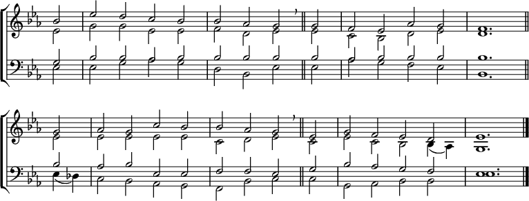 
\new ChoirStaff <<
  \new Staff { \clef treble \time 4/2 \key es \major \partial 2 \set Staff.midiInstrument = "church organ" \omit Staff.TimeSignature \set Score.tempoHideNote = ##t \override Score.BarNumber  #'transparent = ##t 
  \relative c''
  << { bes2 | es d c bes | bes aes g \breathe \bar"||"
       g | f es aes g | f1. \bar"||" \break
       g2 | aes g c bes | bes aes g \breathe \bar"||"
       es | g f es d | es1. \bar"|." } \\
  { es2 | g g es es | f d es es | c bes d es | d1.
    es2 | 2 2 2 2 | c d es c | es c bes bes4( aes) | g1. } >>
  }
\new Staff { \clef bass \key es \major \set Staff.midiInstrument = "church organ" \omit Staff.TimeSignature
  \relative c'
  << { g2 | bes bes aes bes | bes bes bes bes | aes bes bes bes | bes1.
       bes2 | aes bes es, es | f f es g | bes aes g f | es1. } \\
  { es2 | 2 g aes g | d bes es es | aes g f es | bes1.
    es4( des) | c2 bes aes g | f bes c c | g aes bes bes | es1. } >>
  } 
>>
\layout { indent = #0 }
\midi { \tempo 2 = 76 }
