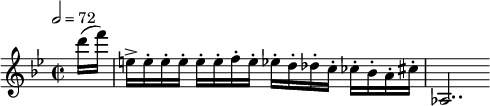  \relatif c" { \clef treble \time 2/2 \kunci bes \utama \tempo 2 = 72 \parsial 8*1 d'16( f) | e,->[ e-. e-. e-.] e-.[ e-. f-. e-.] ees-.[ d-. des-. c-.] ces-.[ bes-. a-. cis-.] | aes,2.. } 