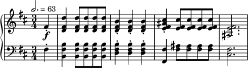 
\version "2.18.2"
\header {
 tagline = ##f
}
upper = \relative c' {
 \clef treble 
 \key b \minor
 \time 3/4
 \tempo 2. = 63
 %\override TupletBracket.bracket-visibility = ##f

 %%Schubert — Menuet D.894
 \partial 4 fis4-.\f < d' fis, d >4 q8 q q q | < b fis d >4-. q-. q-. |
 < cis fis, e ais >4-. < cis fis, e >8 q q q < fis, e ais, >2. 

}

lower = \relative c {
 \clef bass
 \key b \minor
 \time 3/4

 fis4-. < b fis b, >4 < b fis b, >8 q q q < b fis d >4-. q-. q-. < fis fis, >4 < ais fis >8 q q q < fis cis >2.
}

 \header {
 piece = ""
 }

\score {
 \new PianoStaff <<
 \new Staff = "upper" \upper
 \new Staff = "lower" \lower
 >>
 \layout {
 \context {
 \Score
 
 }
 }
 \midi { }
}
