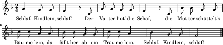  \relatif c" { \mengatur Staf.midiInstrument = #"flute" \mengatur Skor.tempoHideNote = ##t \tempo 4 = 60 \autoBeamOff \t \utama \waktu 2/4 a4 g8 g8 | f4 r8 c8 a'8 a8 g8 g8 | f4 r8 c8 | bes'8 bes8 g8 g8| c8 c8 a8 a8 | bes8 bes8 g8 g8 | c8 c8 a4 | bes4 g8 g8 | f2 \bar"|." } \addlyrics { Schlaf, Jenis-lein, schlaf! Der Va-ter hüt' mati Schaf, mati Mut-ter schüt -- telt ini Bäu -- aku -- lein, da fällt nya-ab, ein Träu -- saya-lein. Schlaf, Jenis-lein, schlaf! } 