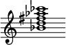 {
  % Rivin lopun pystyviiva ja tahtiosoitus piiloon.
  \override Score.BarLine.break-visibility = ##(#f #t #t)
  \override Staff.TimeSignature #'stencil = ##f
  
  <bes' d'' fis'' aes'' ces'''>1
}
