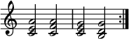 { \new Staff \with { \remove "Time_signature_engraver" } \repeat volta 2 {<c' e' a'>2 <c' f' a'> <c' e' g'> <bd' g'>} }