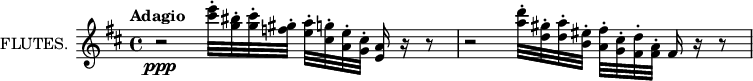 
\new Staff \with {
  instrumentName = "FLUTES."
  midiInstrument = "flute"
} \relative c'' {
  \key d \major
  \tempo "Adagio"
  \autoBeamOff
  r2\ppp <cis' e>32[\staccato <g bis>\staccato <g cis>\staccato <f gis>\staccato]
    <e a>\staccato[ <cis g'>\staccato <a e'>\staccato <g cis>\staccato] <e a>16 r r8
  r2 <a' d>32\staccato[ <d, gis>\staccato <d a'>\staccato <b eis>\staccato]
    <a fis'>[\staccato <g cis>\staccato <fis d'>\staccato <fis a>\staccato] fis16 r r8
}
\layout {
  indent = 2\cm
}
